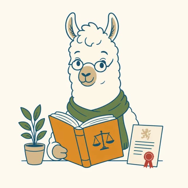De Loonlama-mascotte bestudeert een wetboek naast een officieel Belgisch document